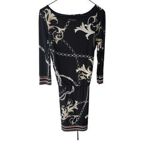 White House Black Market Black Chain Print Belted Blouson Dress - XXS
